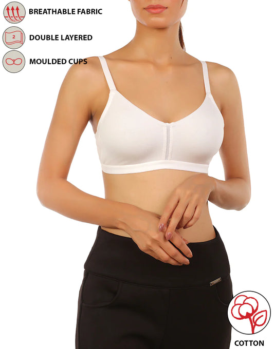 Double Layered Wire Free Bra with High Mid Panel (White)